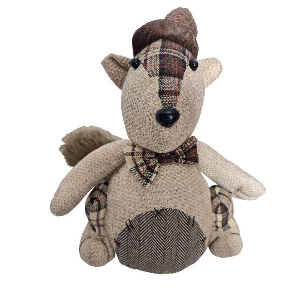 Rustic Fabric Squirrel Doorstop/ Shelf Sitter with Faux Fur Tail & Plaid Accents